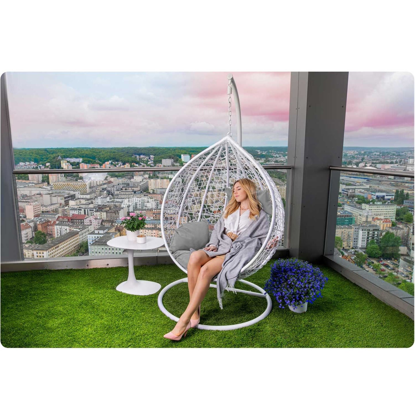 Garden hanging rocking chair Havana white + light gray cushions