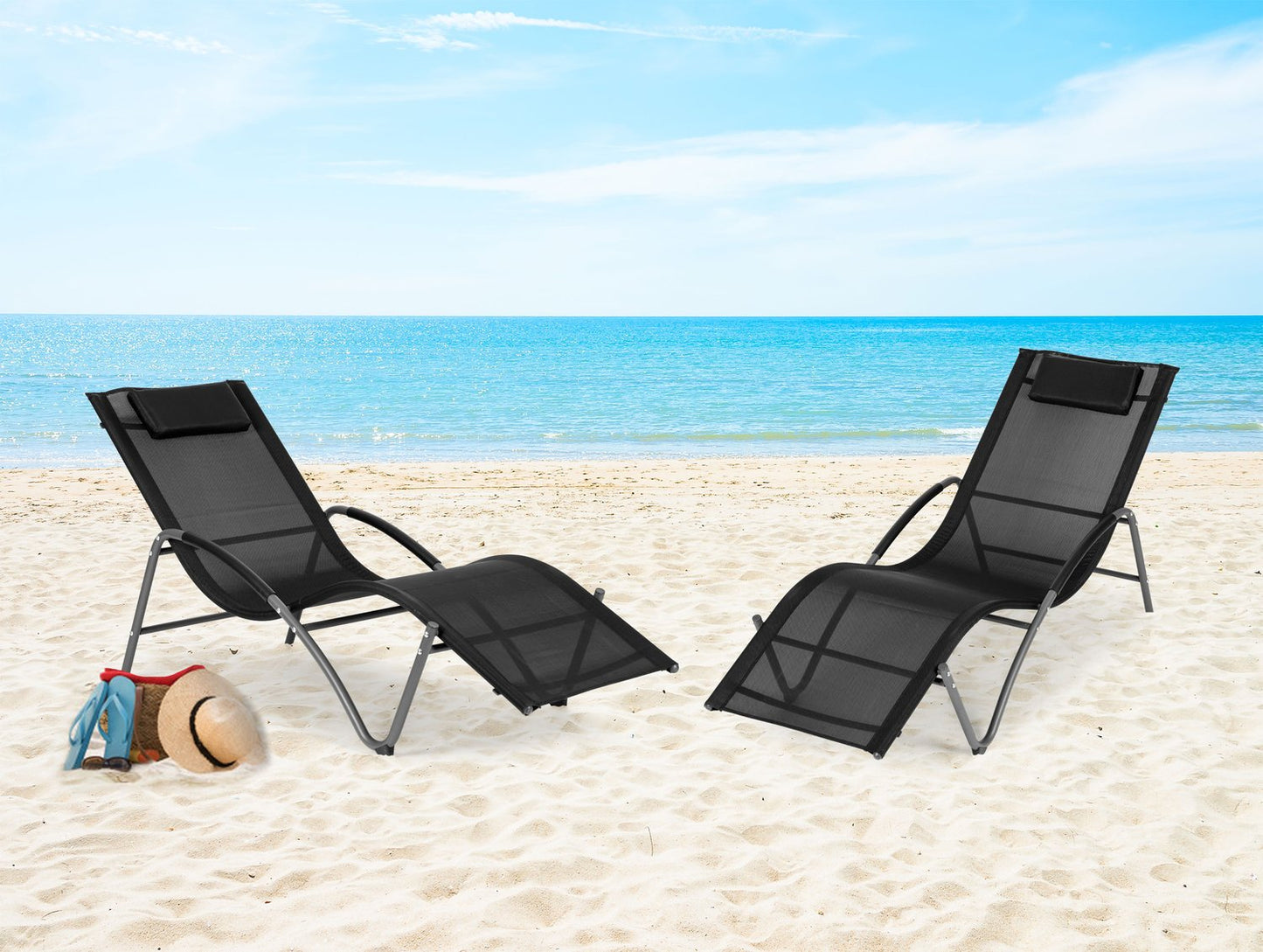 Garden lounger, reclining chair with headrest, steel frame, black, MultiGarden