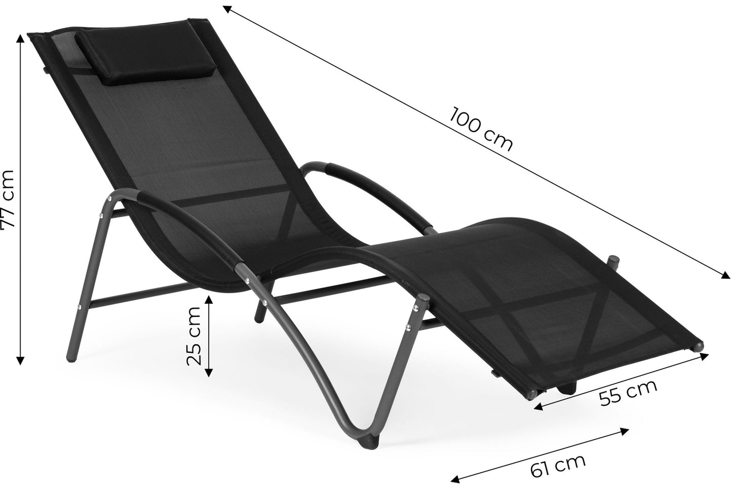 Garden lounger, reclining chair with headrest, steel frame, black, MultiGarden