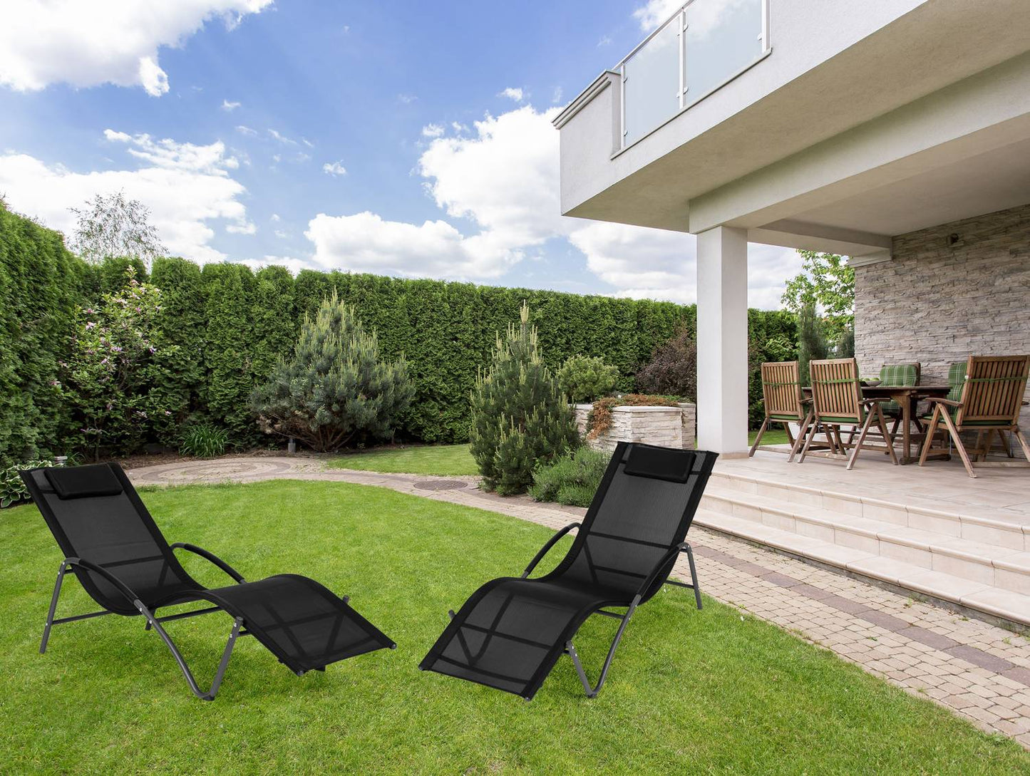 Garden lounger, reclining chair with headrest, steel frame, black, MultiGarden
