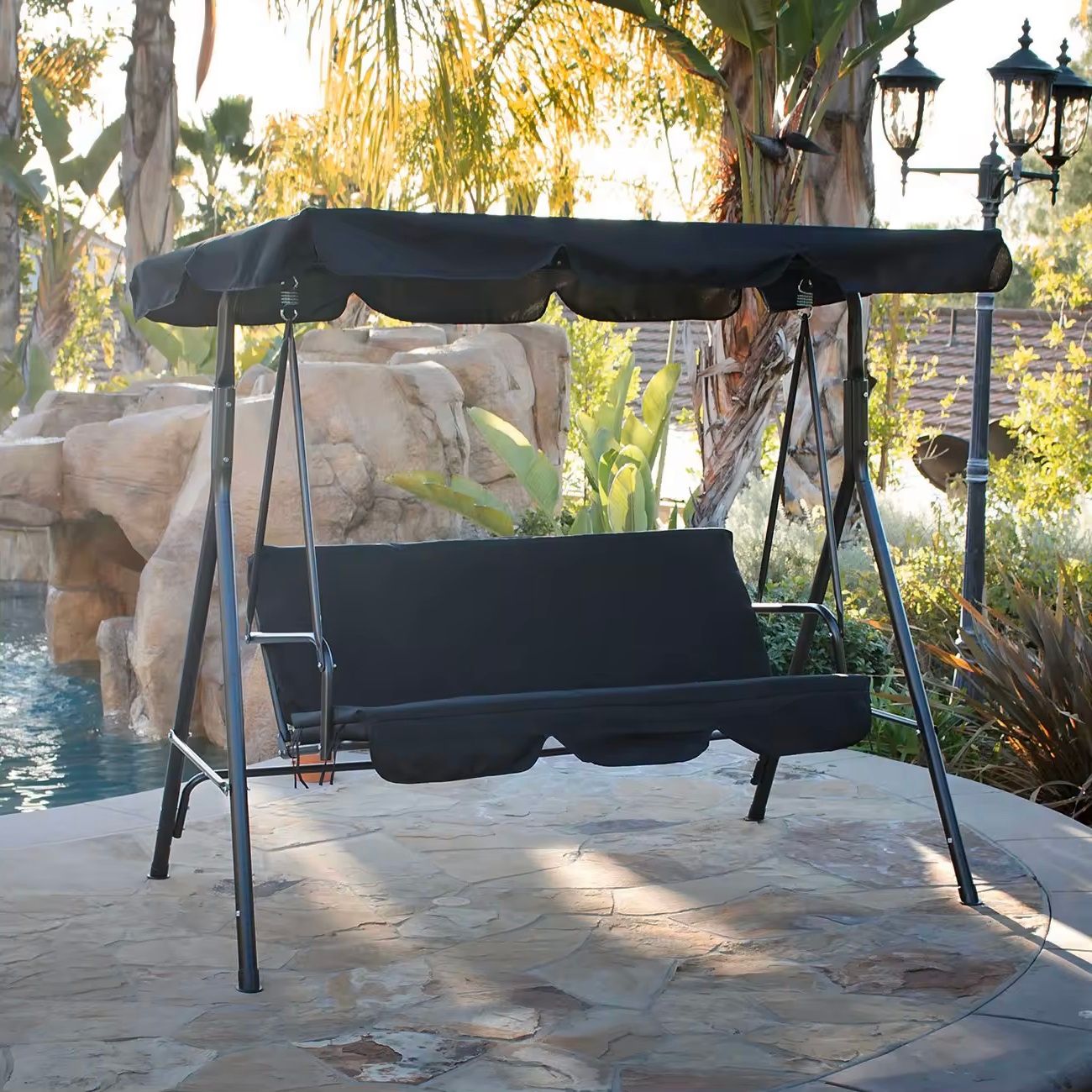 Garden swing with cushions, 3-seater rocking bench, adjustable roof