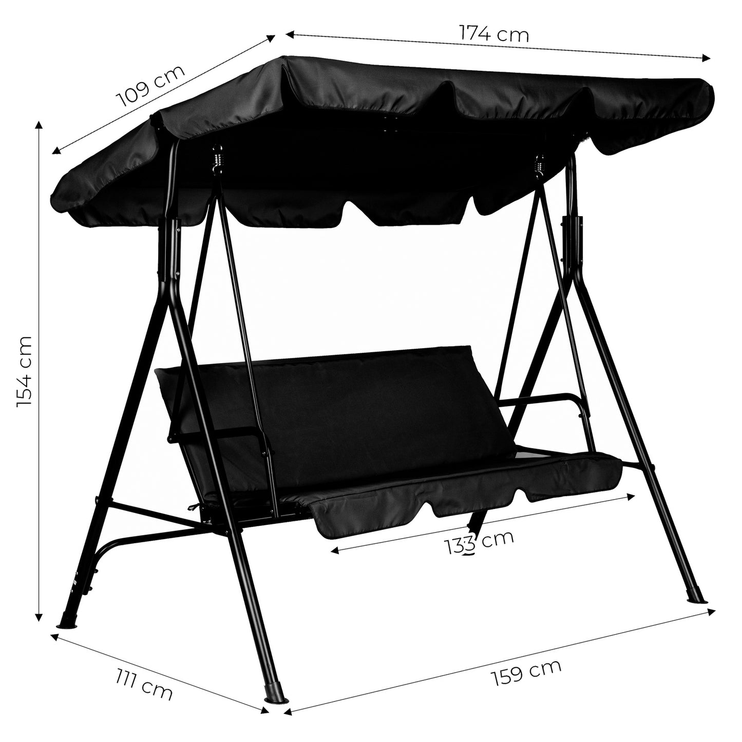 Garden swing with cushions, 3-seater rocking bench, adjustable roof