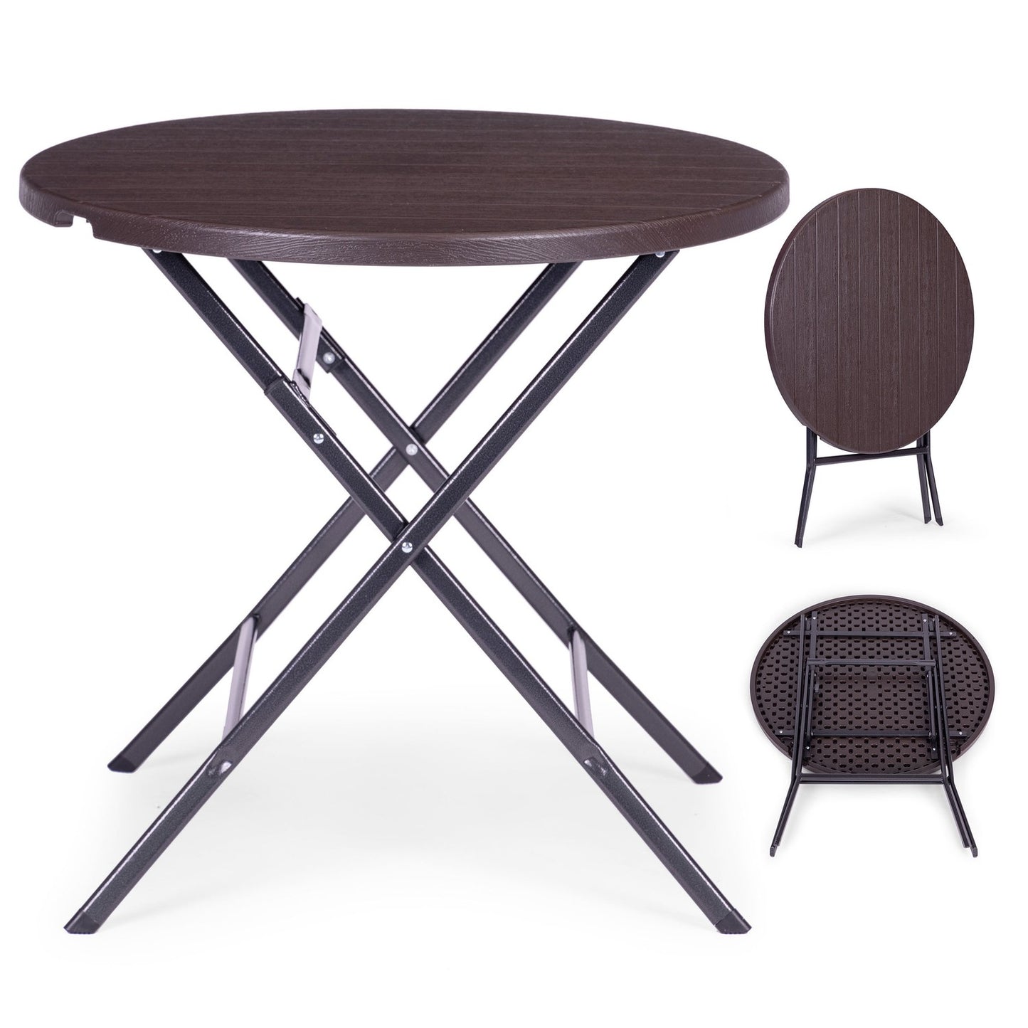Garden table 79 cm round, foldable, HDPE, wood imitation - brown