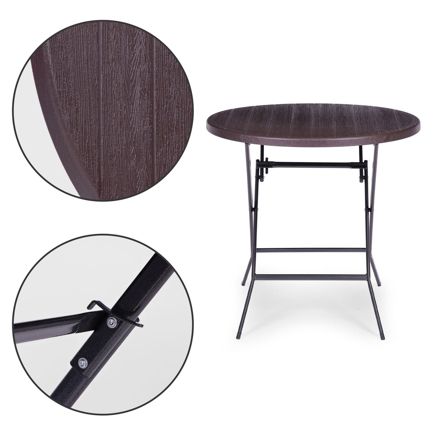 Garden table 79 cm round, foldable, HDPE, wood imitation - brown