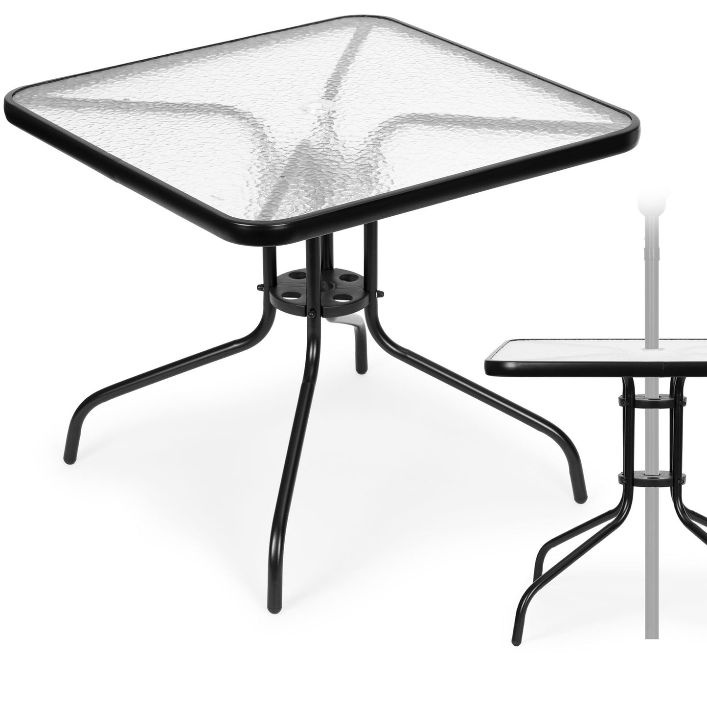 Garden table 80x80 cm, for terrace, garden, balcony, tempered glass, umbrella hole, MultiGarden