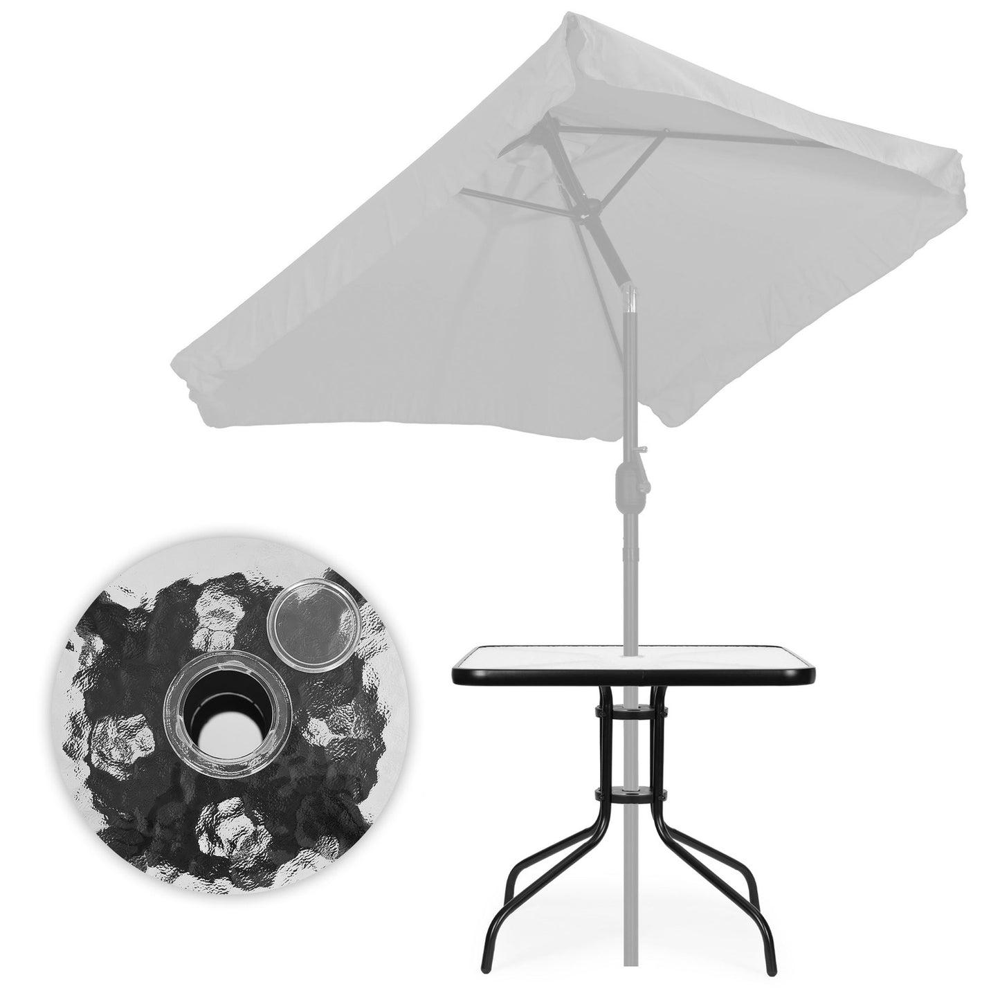 Garden table 80x80 cm, for terrace, garden, balcony, tempered glass, umbrella hole, MultiGarden