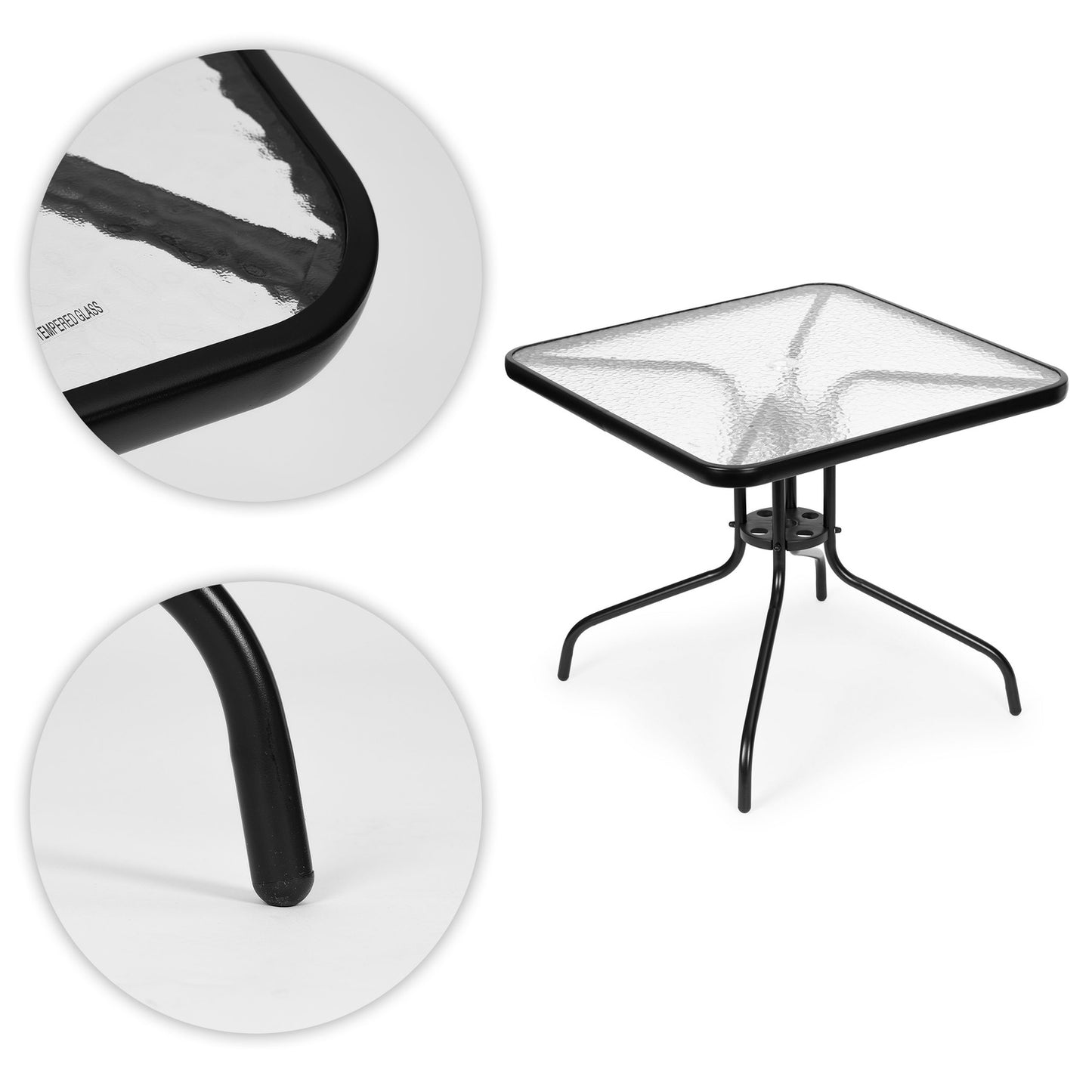 Garden table 80x80 cm, for terrace, garden, balcony, tempered glass, umbrella hole, MultiGarden