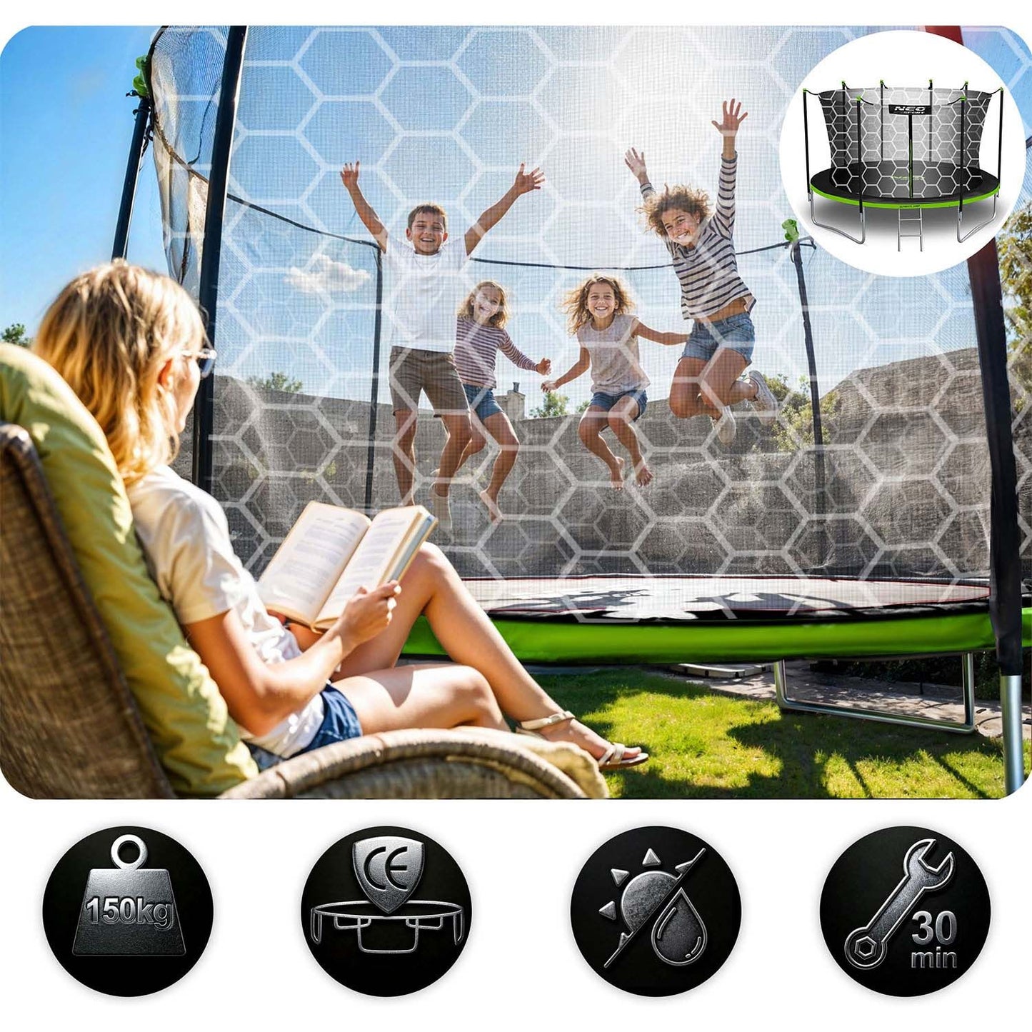 Garden trampoline 15ft/465cm with internal net and ladder Neo-Sport