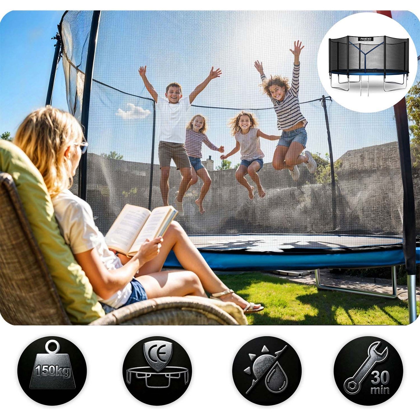 Garden trampoline 15ft/465cm with outdoor net and ladder Neo-Sport