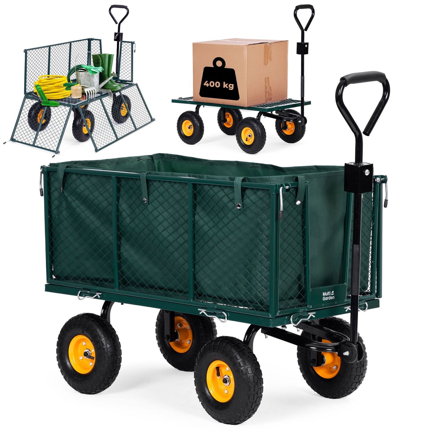 Garden transport cart, 400 kg, for tractor, opening side panels, large inflatable wheels, MultiGarden