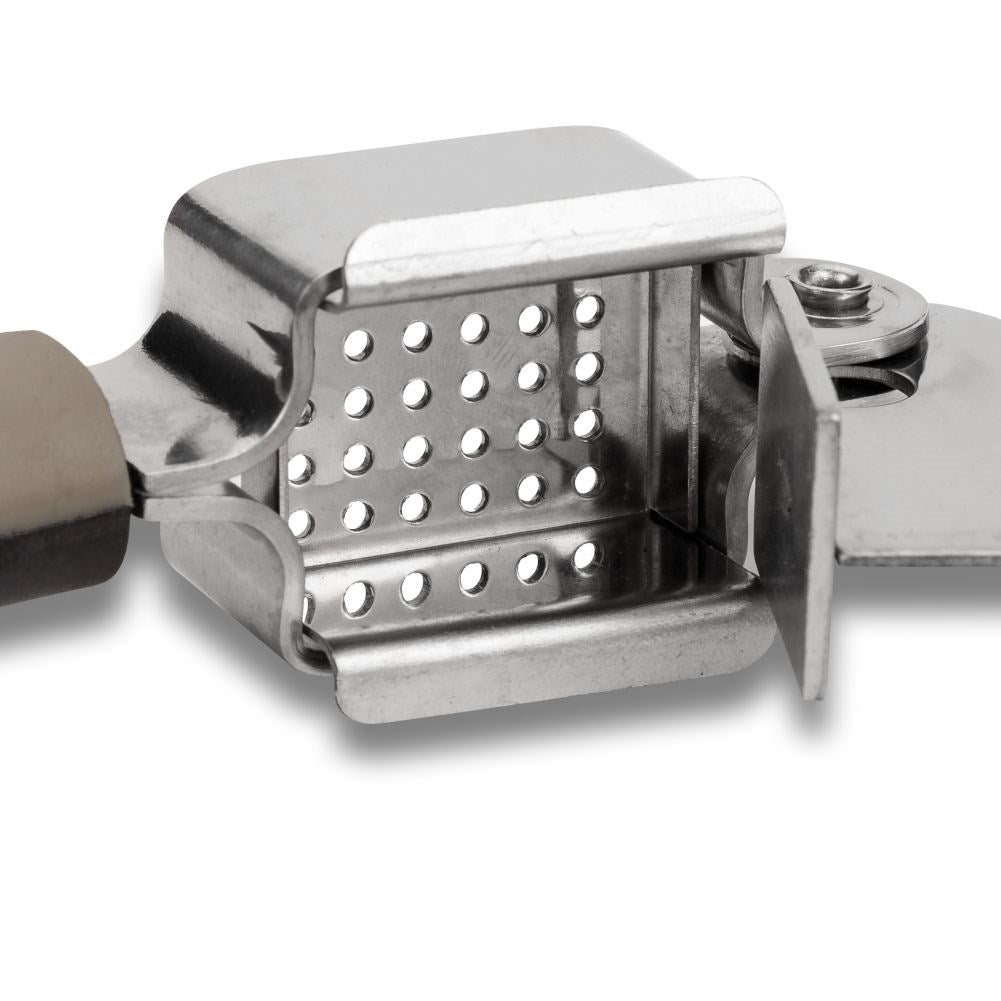 Garlic press in stainless steel with non-slip handles