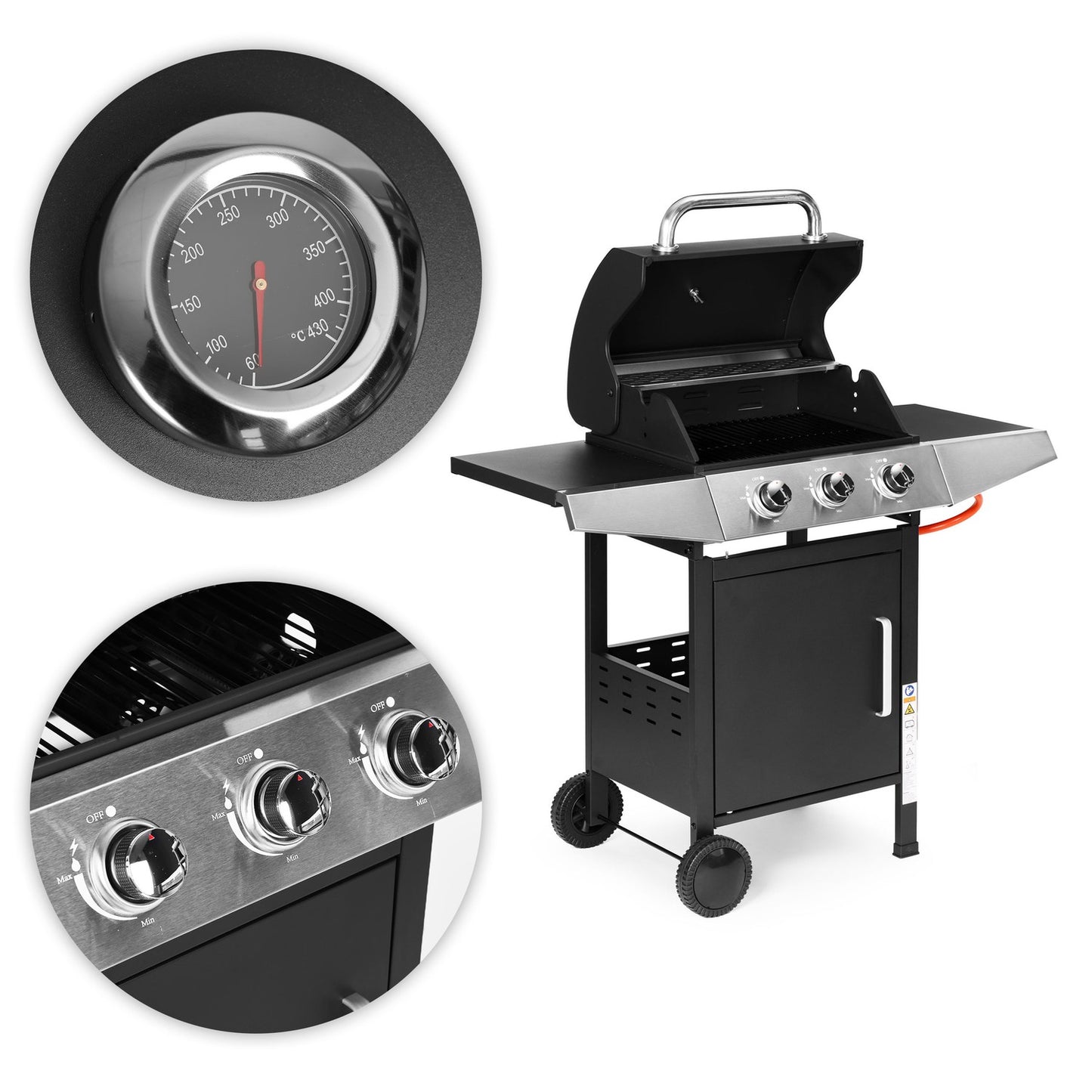 Gas Garden Grill 10.2 kW – Large Grate, 3 Burners, Thermometer, Regulator MultiGarden