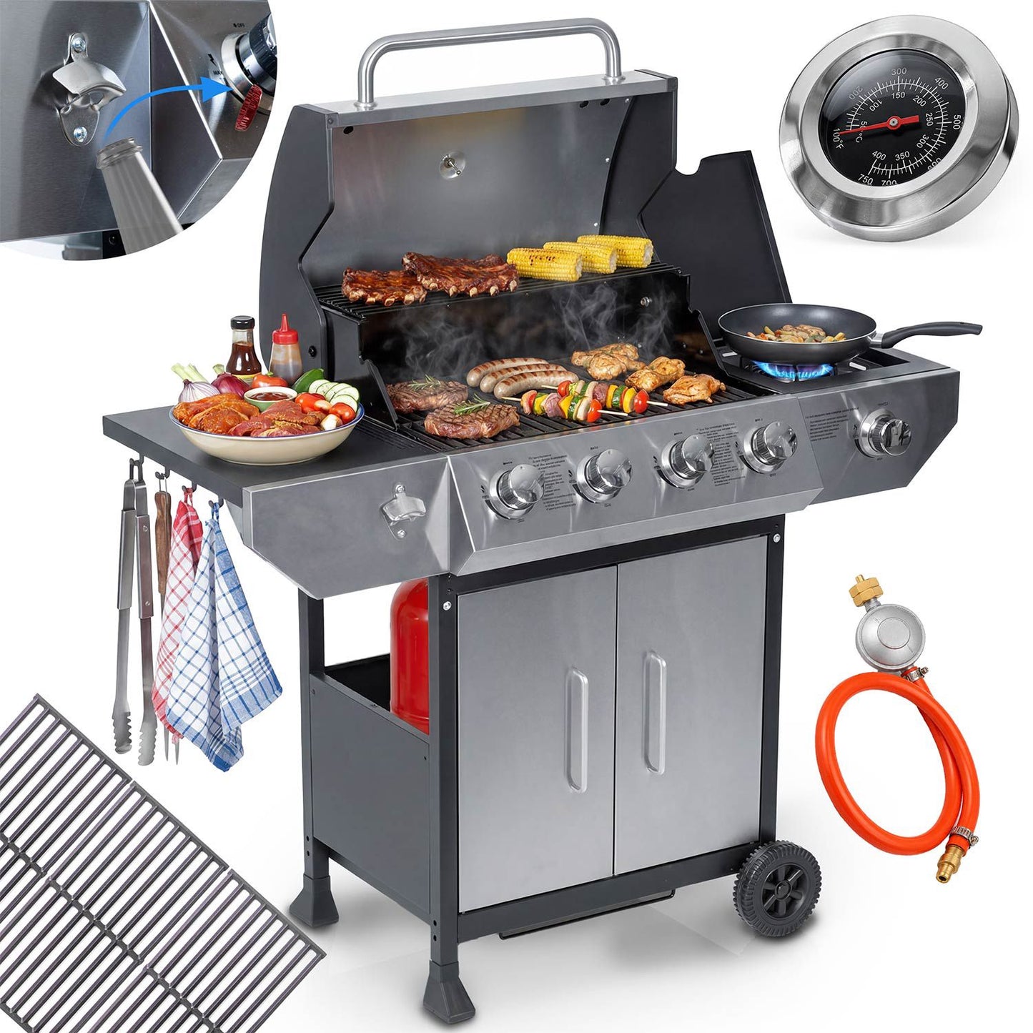 Gas Grill with Cast Iron Grate, 5 Burners, Lid & Thermometer