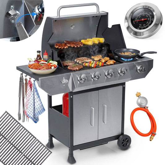 Gas Grill with Cast Iron Grate, 5 Burners, Lid & Thermometer