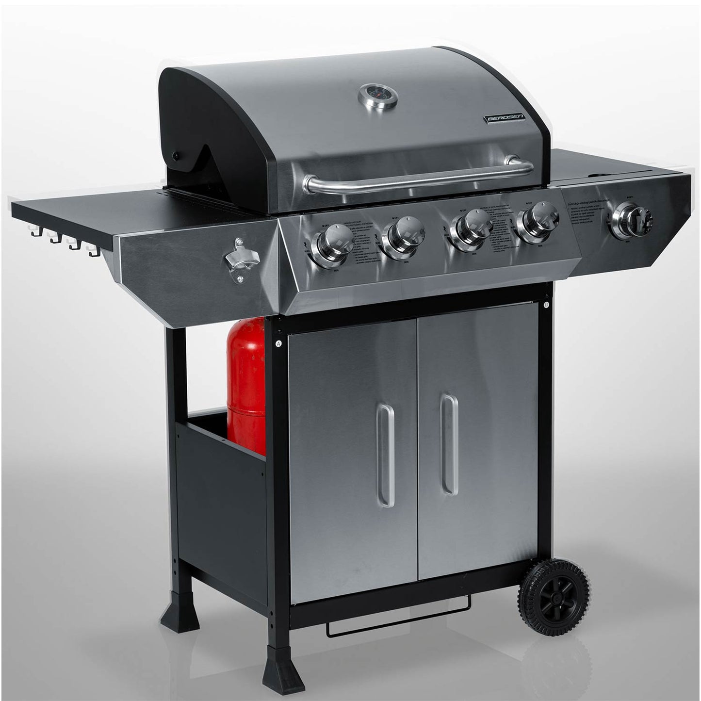 Gas Grill with Cast Iron Grate, 5 Burners, Lid & Thermometer