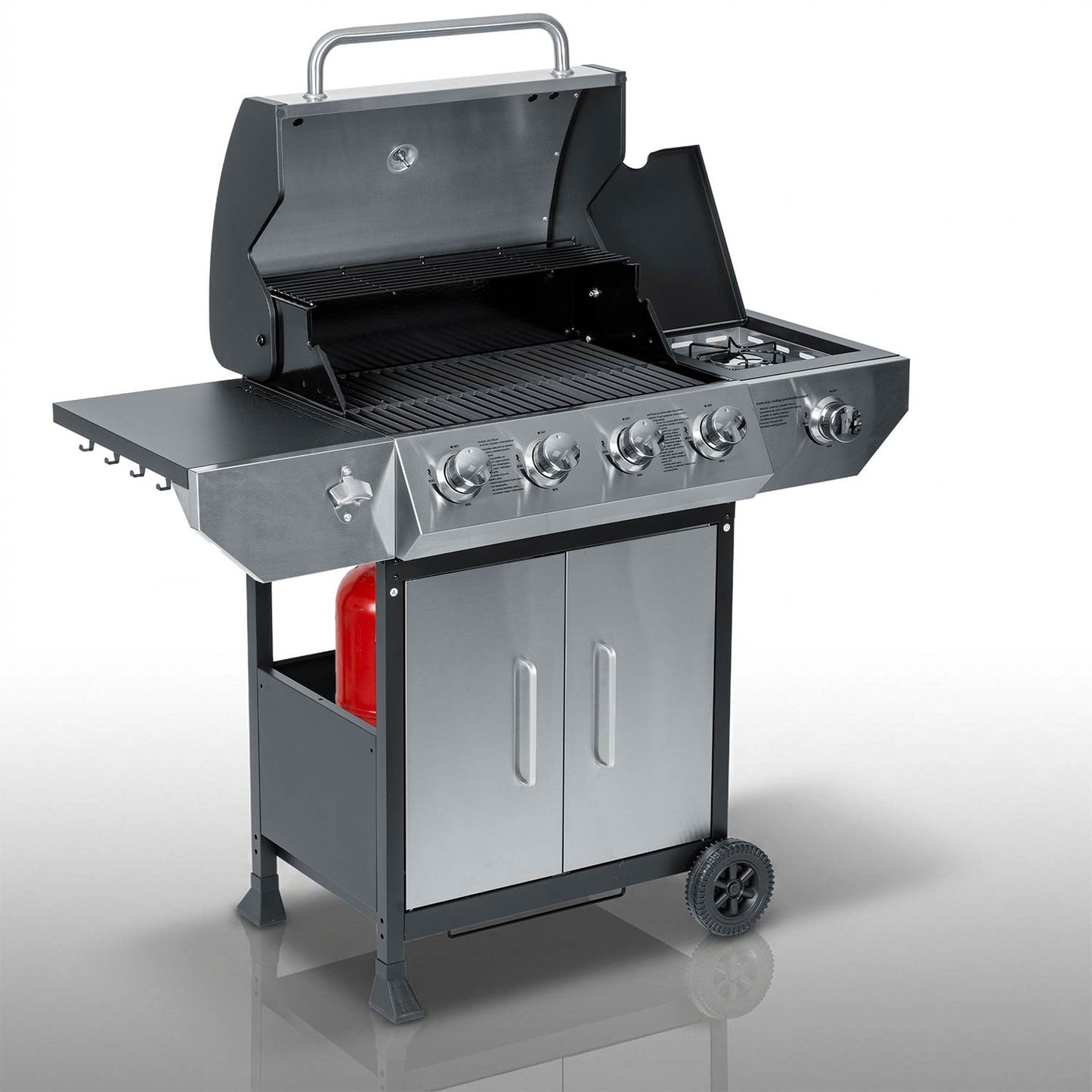 Gas Grill with Cast Iron Grate, 5 Burners, Lid & Thermometer