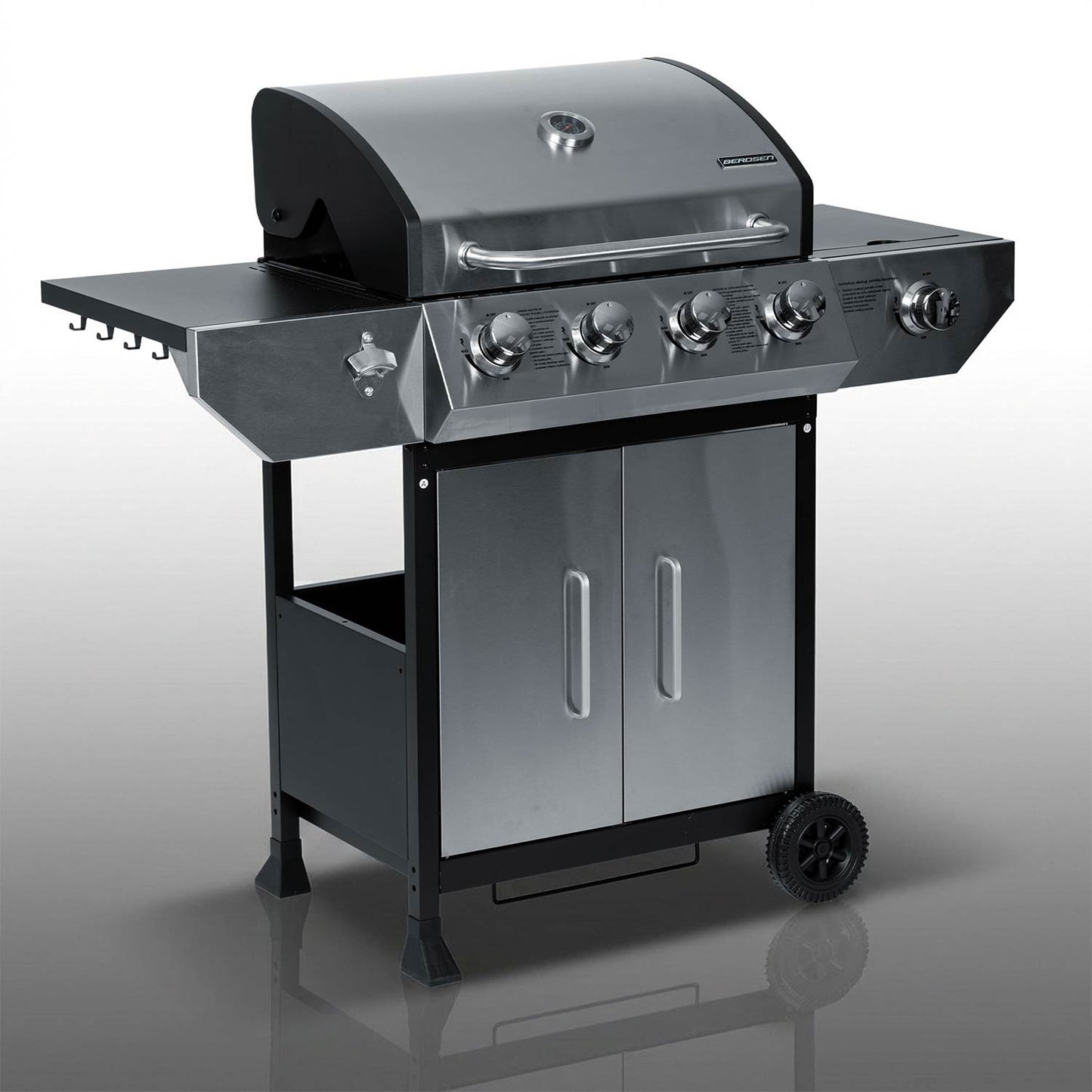 Gas Grill with Cast Iron Grate, 5 Burners, Lid & Thermometer
