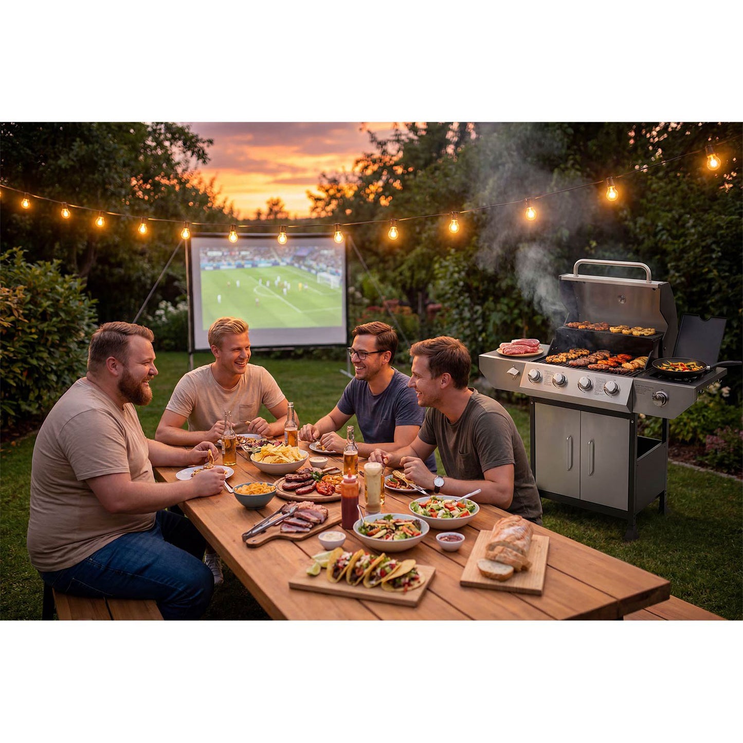 Gas Grill with Cast Iron Grate, 5 Burners, Lid & Thermometer