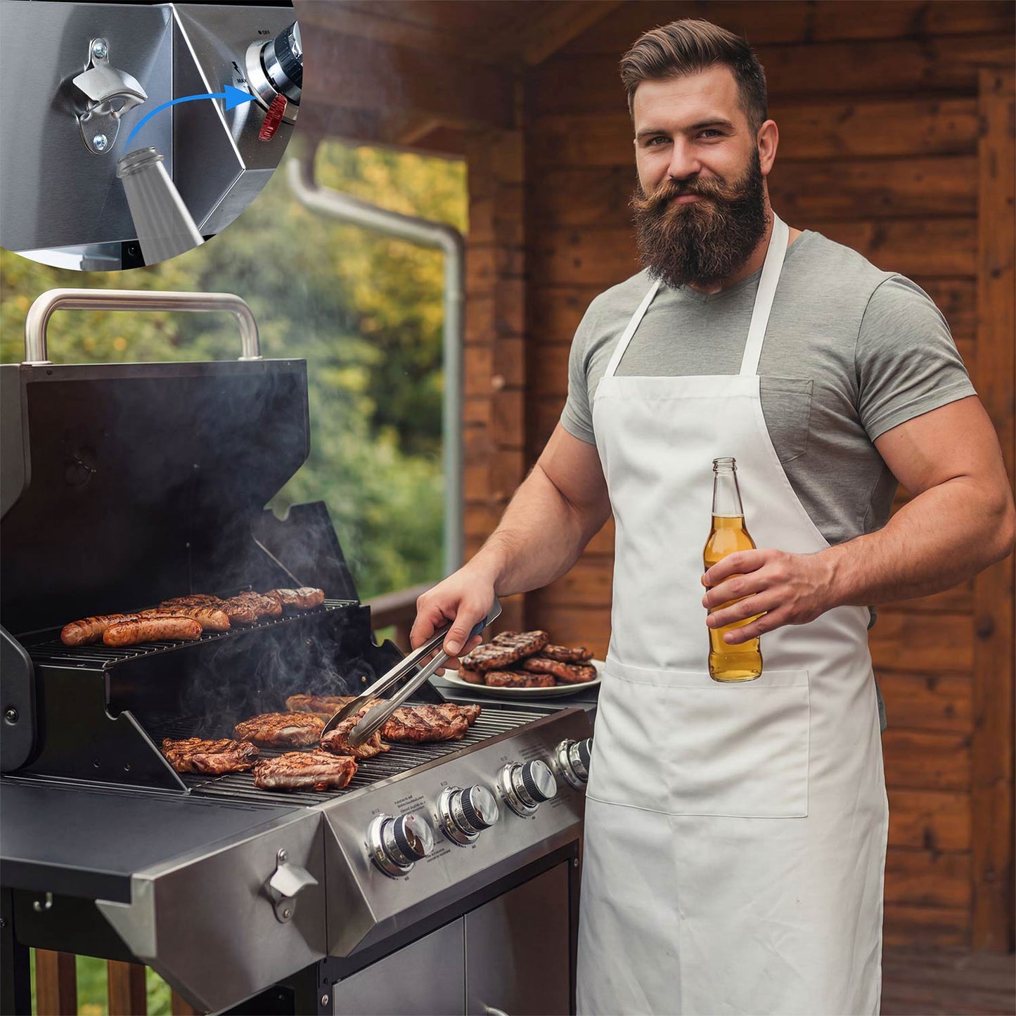 Gas Grill with Cast Iron Grate, 5 Burners, Lid & Thermometer