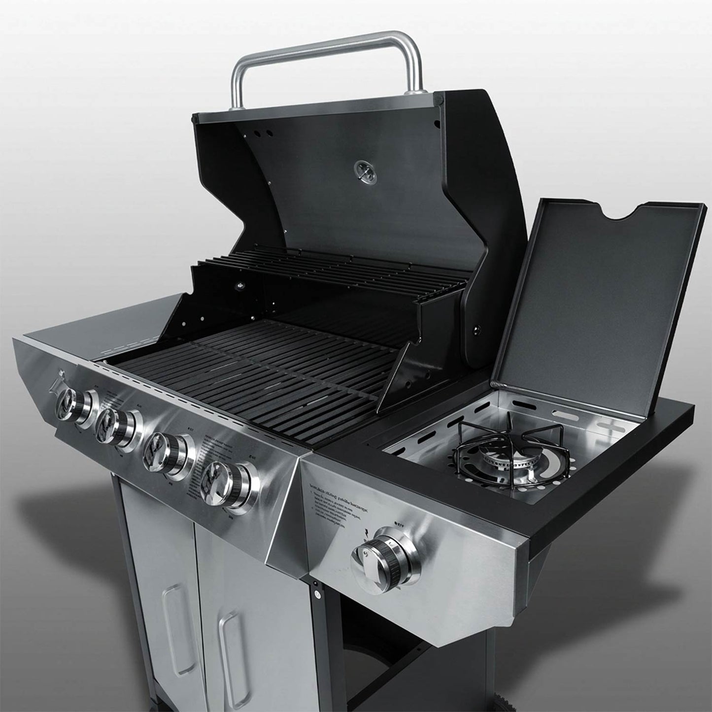 Gas Grill with Cast Iron Grate, 5 Burners, Lid & Thermometer
