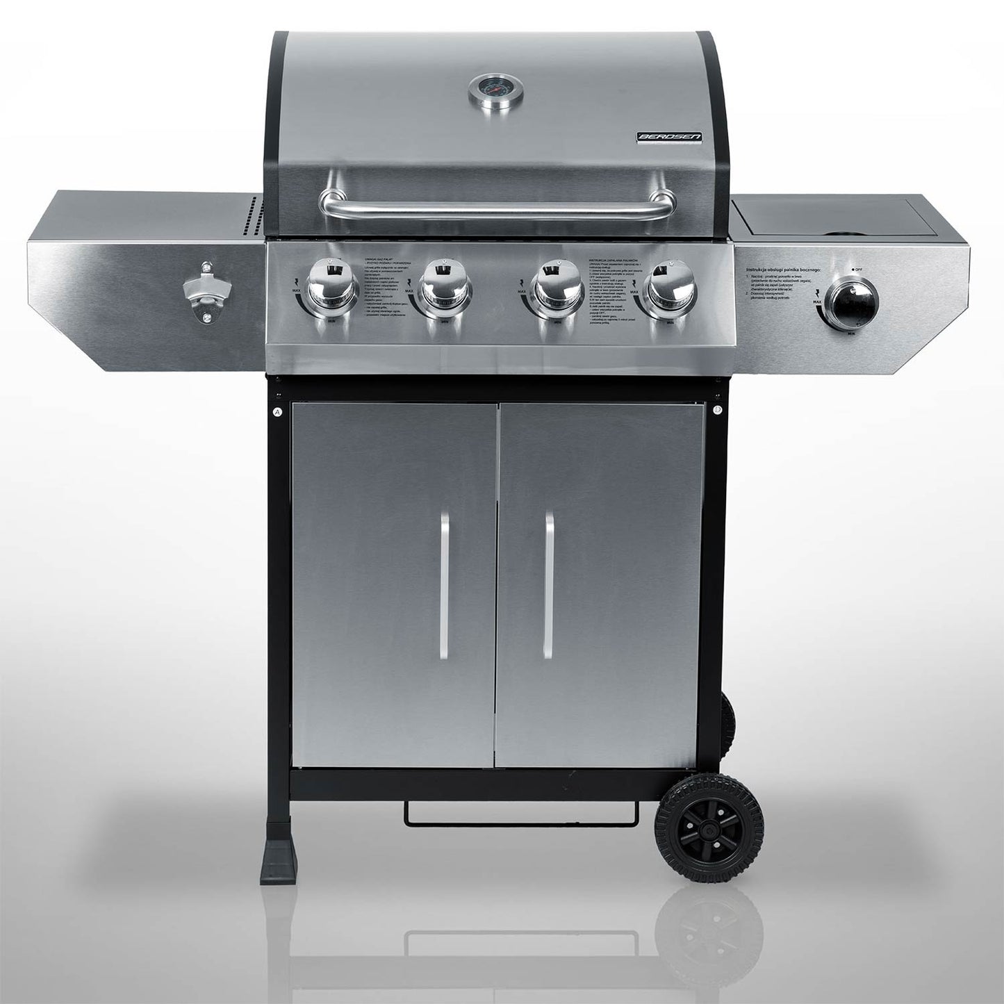 Gas Grill with Cast Iron Grate, 5 Burners, Lid & Thermometer