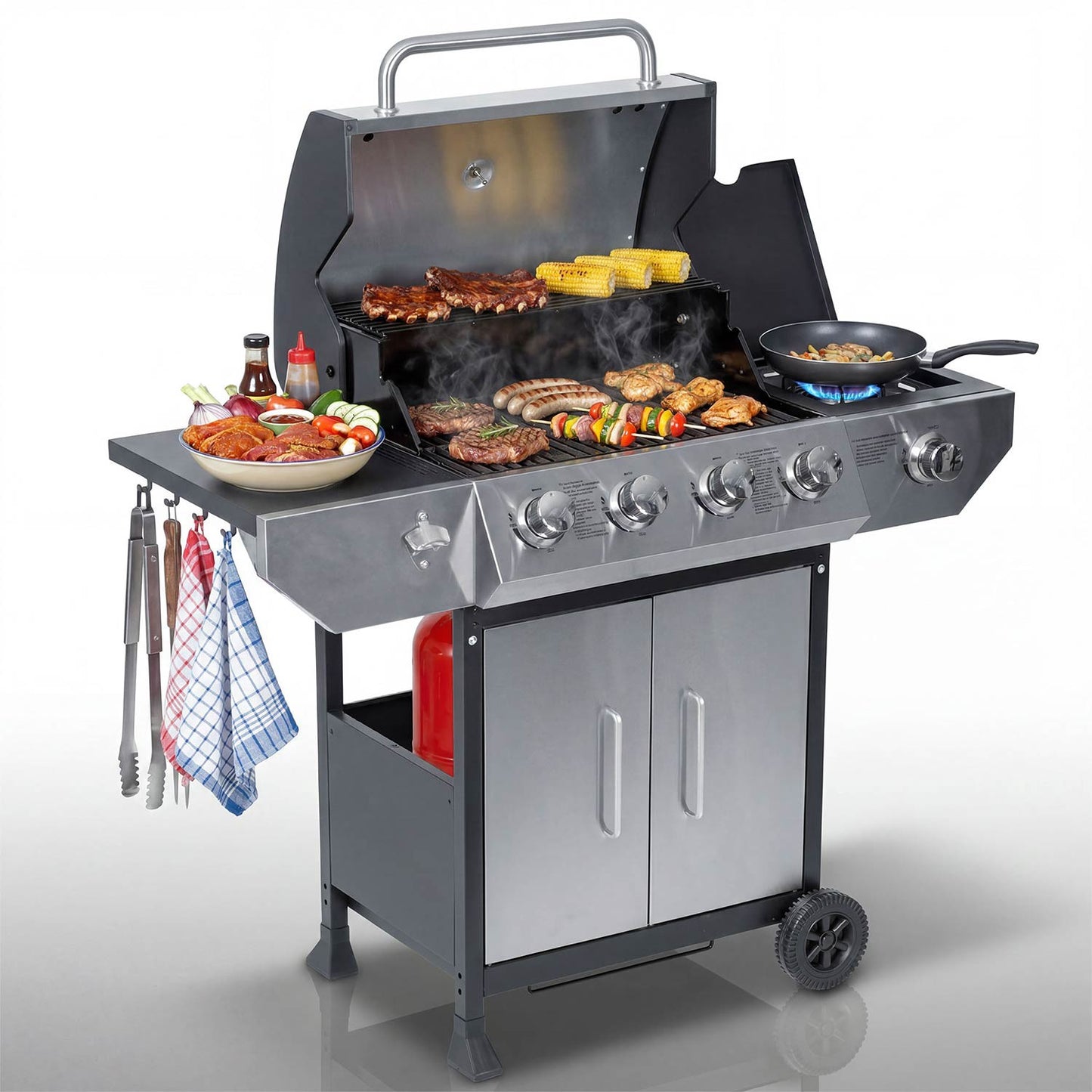 Gas Grill with Cast Iron Grate, 5 Burners, Lid & Thermometer
