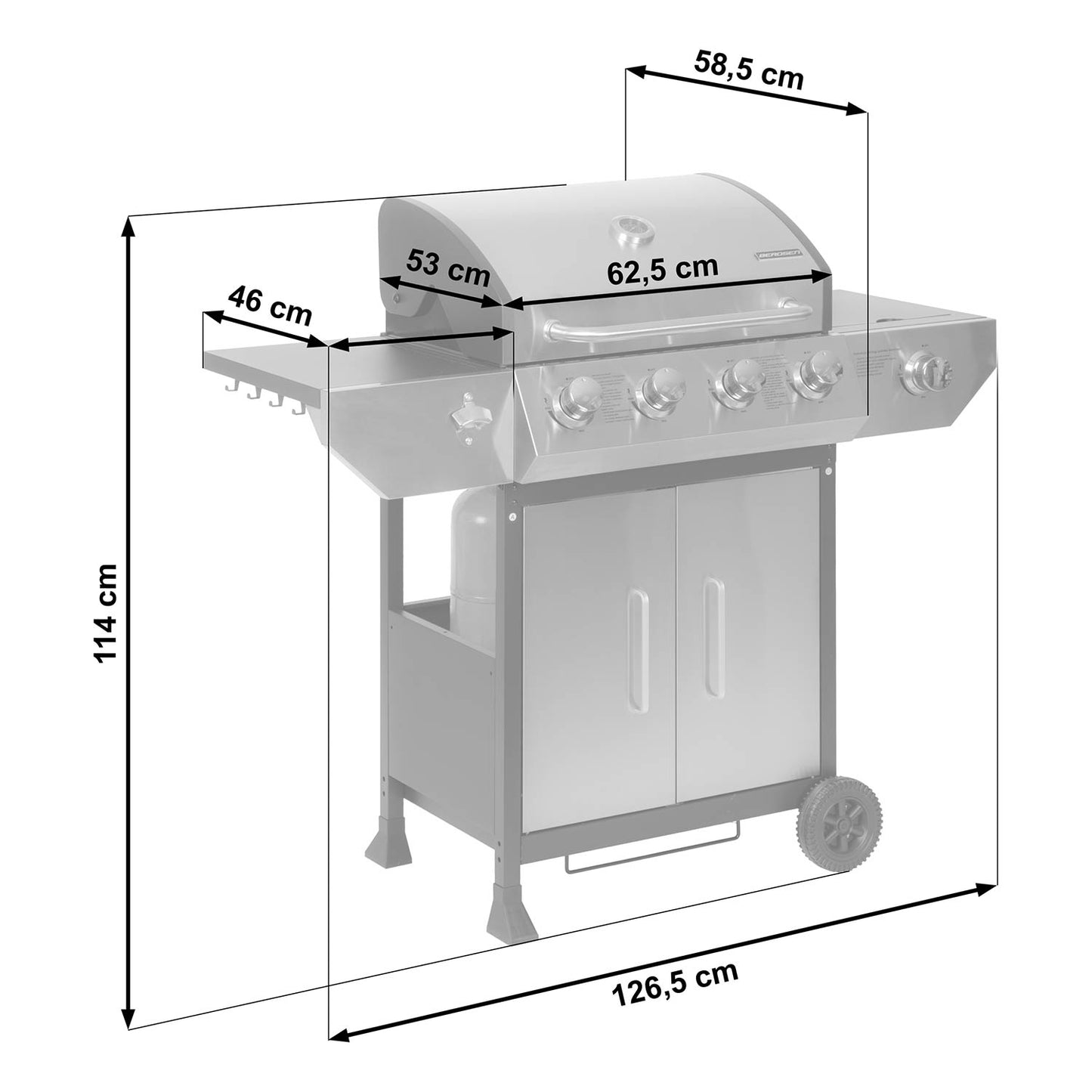 Gas Grill with Cast Iron Grate, 5 Burners, Lid & Thermometer