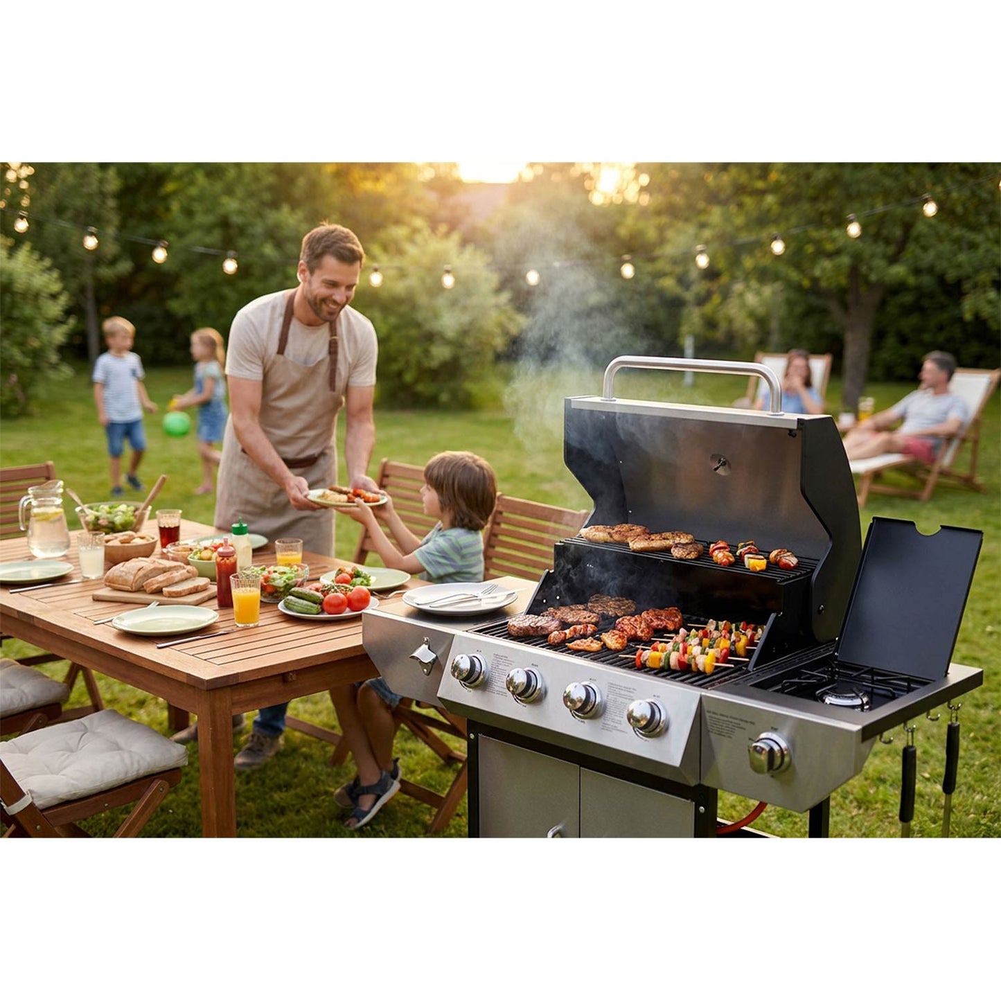 Gas Grill with Cast Iron Grate, 5 Burners, Lid & Thermometer