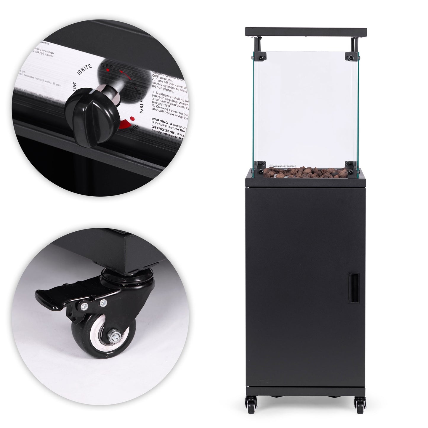 Gas heater, radiant heater, 13 kW, glass, for garden and patio, regulator, volcanic stones, cover, MultiGarden