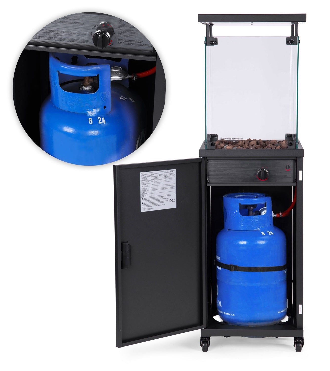 Gas heater, radiant heater, 13 kW, glass, for garden and patio, regulator, volcanic stones, cover, MultiGarden