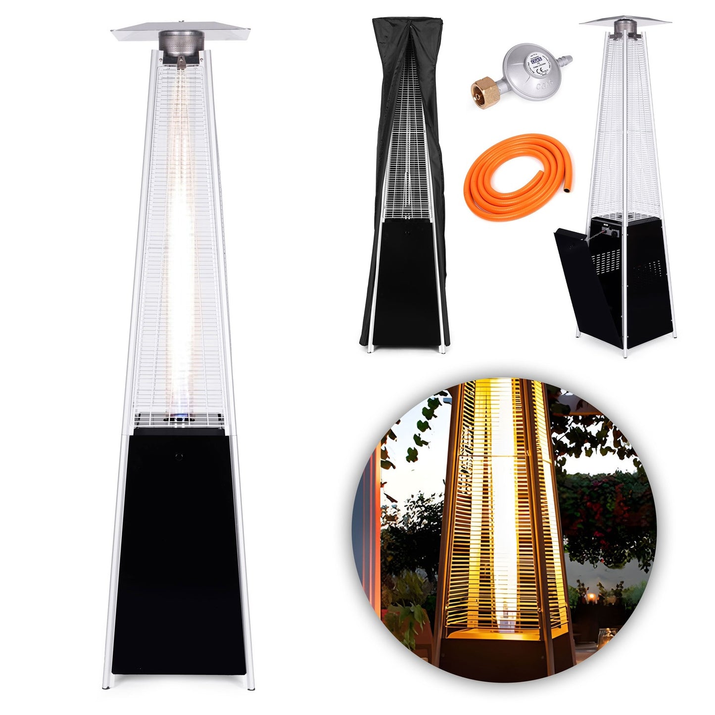 Gas patio heater, 13 kW, for terrace and garden, regulator, hose, cover, MultiGarden