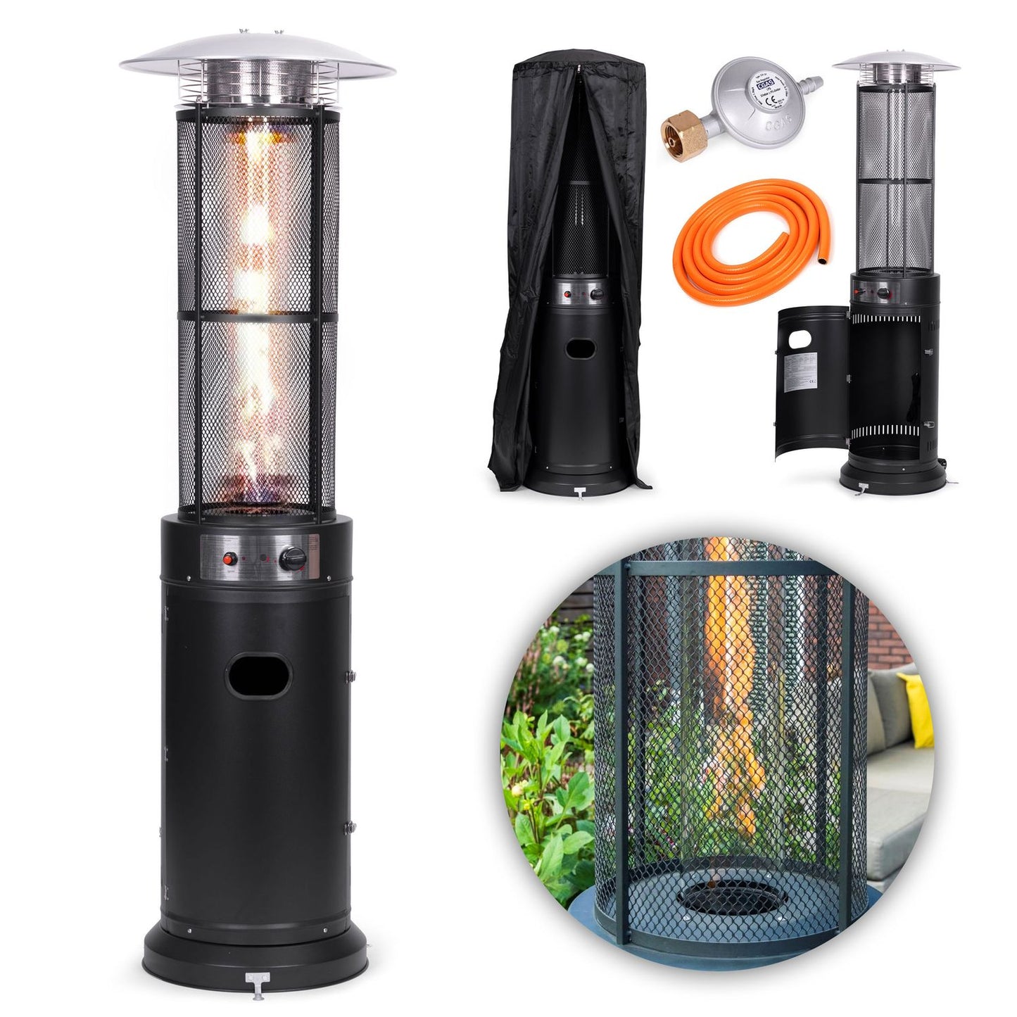 Gas patio heater, 13 kW, for terrace, garden, and patio, regulator, hose, cover, MultiGarden