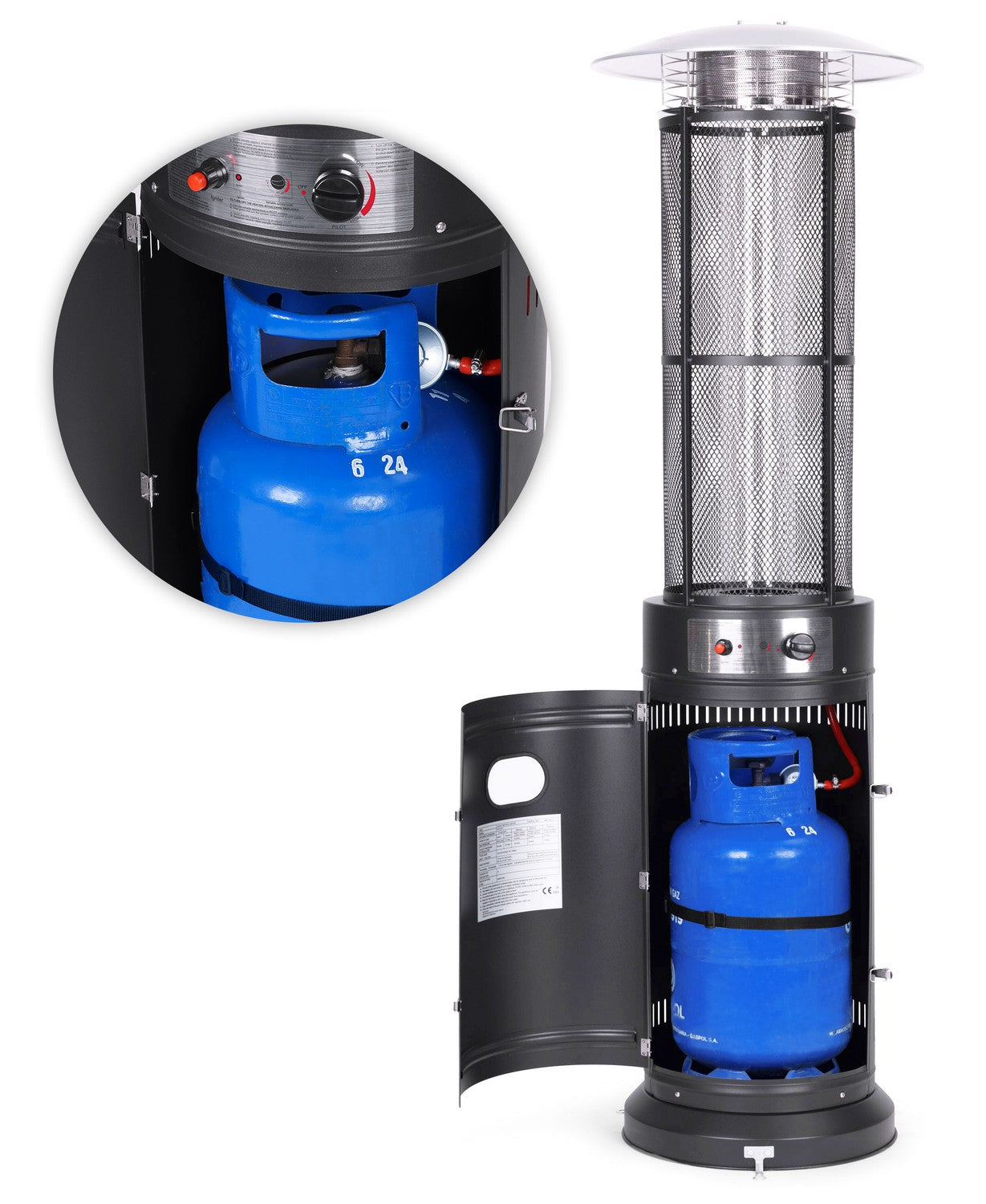 Gas patio heater, 13 kW, for terrace, garden, and patio, regulator, hose, cover, MultiGarden