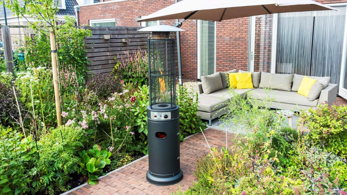 Gas patio heater, 13 kW, for terrace, garden, and patio, regulator, hose, cover, MultiGarden