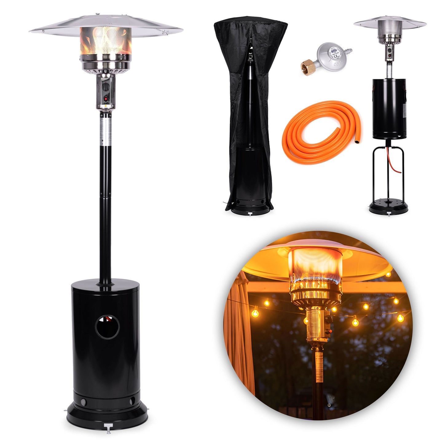 Gas patio heater, 13 kW, glass, for garden and patio, regulator, hose, cover, MultiGarden