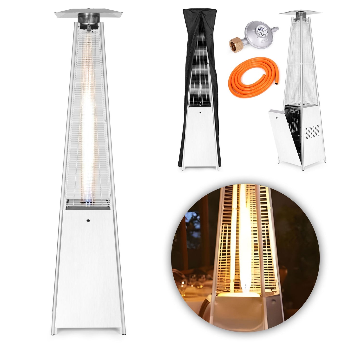 Gas patio heater, 13 kW, stainless steel, for garden and patio, regulator, hose, cover, MultiGarden