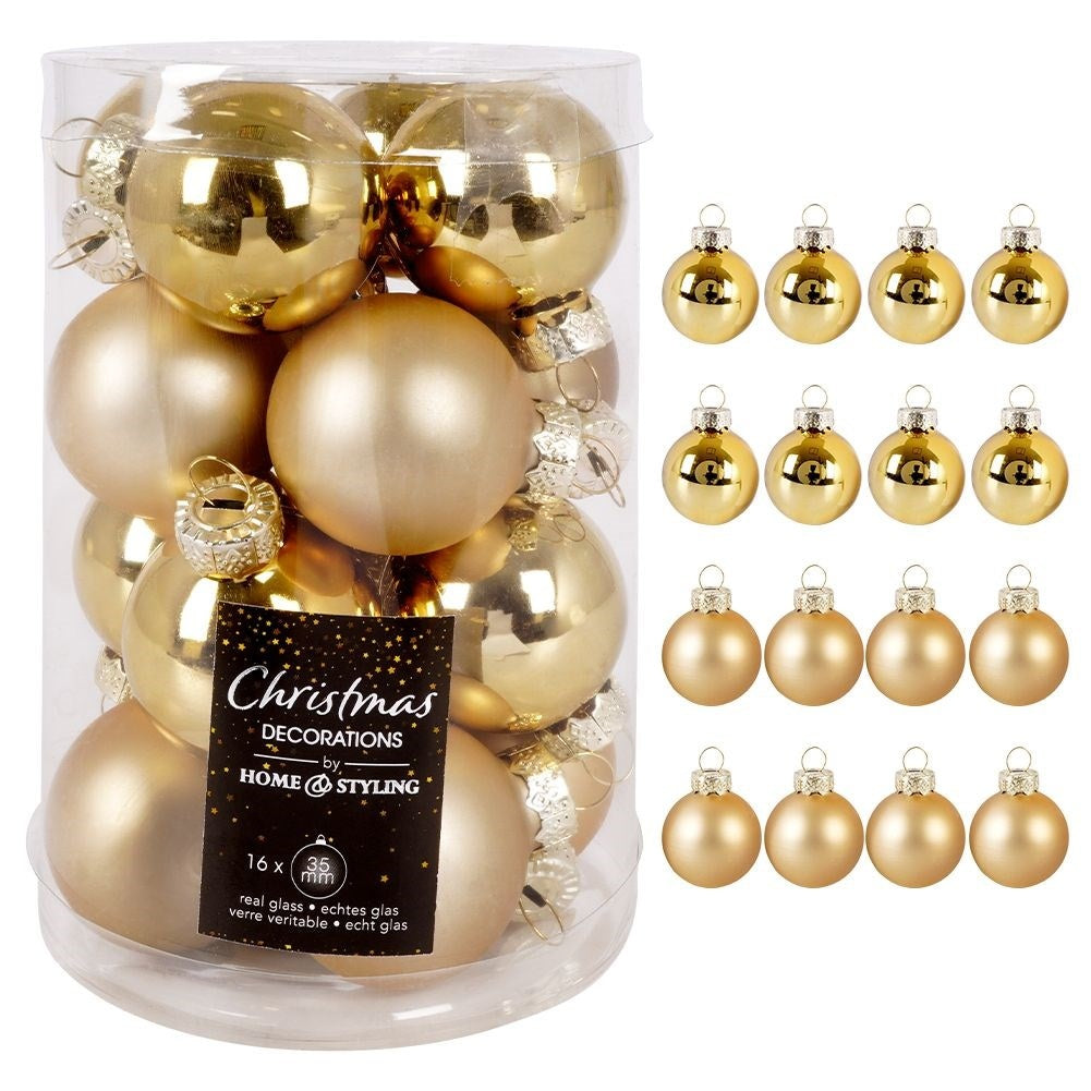 Glass Balls in Gold: 16-pack Matt and Shiny Christmas Tree Balls