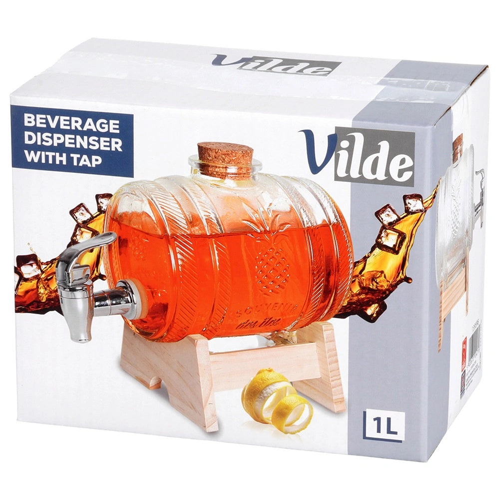Glass Beverage Dispenser with Tap, Stand, 1L