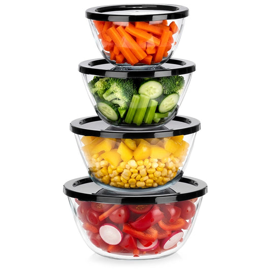 Glass Bowl Set with Lids, 4 Sizes, Nesting Storage