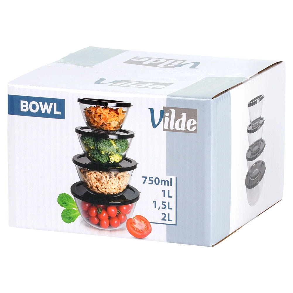 Glass Bowl Set with Lids, 4 Sizes, Nesting Storage