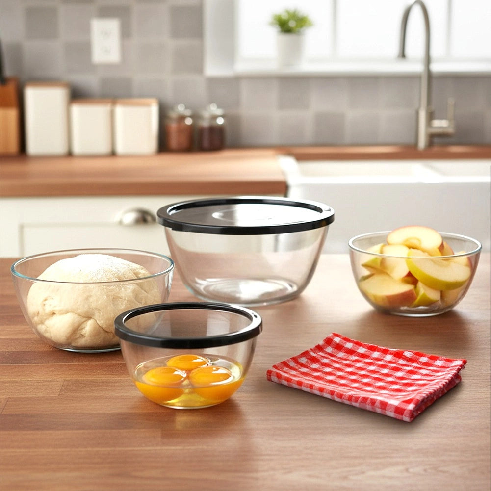 Glass Bowl Set with Lids, 4 Sizes, Nesting Storage