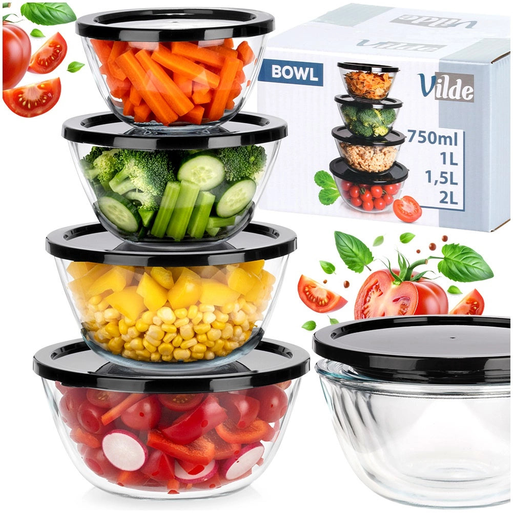 Glass Bowl Set with Lids, 4 Sizes, Nesting Storage