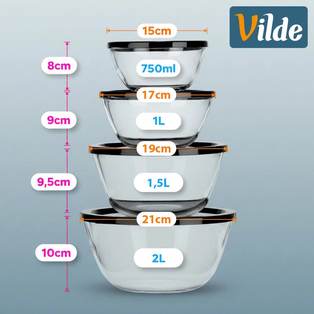 Glass Bowl Set with Lids, 4 Sizes, Nesting Storage