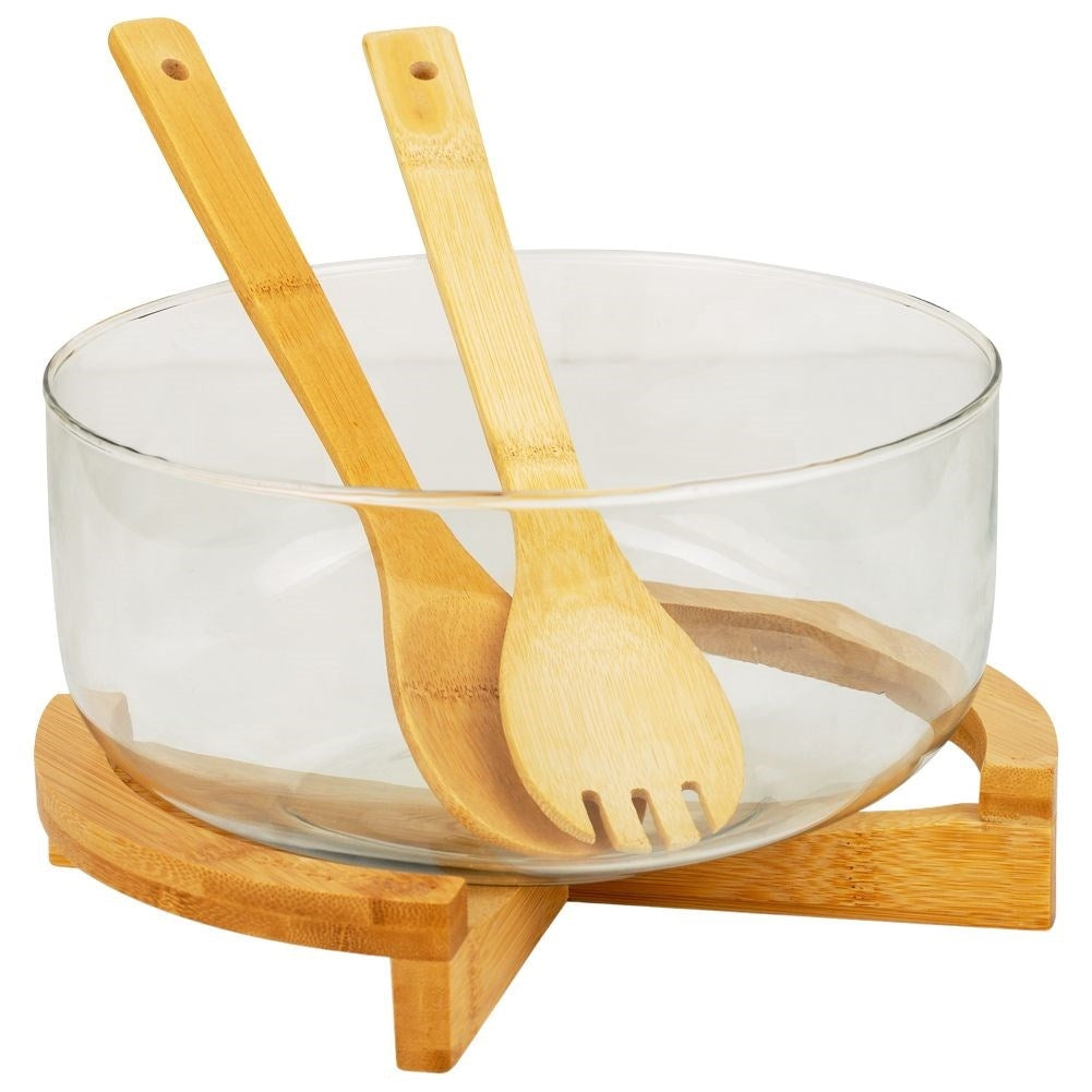 Glass Bowl with Bamboo Coaster and Serving Spoons