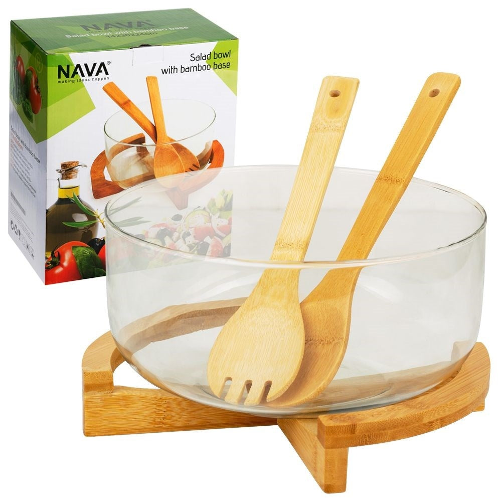 Glass Bowl with Bamboo Coaster and Serving Spoons