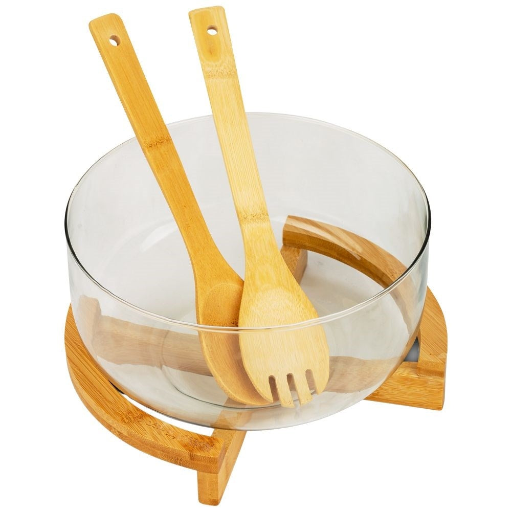 Glass Bowl with Bamboo Coaster and Serving Spoons
