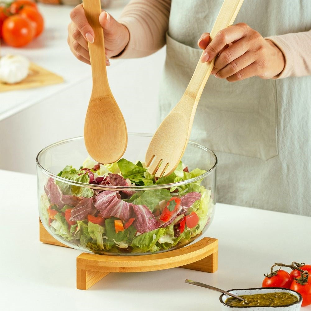 Glass Bowl with Bamboo Coaster and Serving Spoons