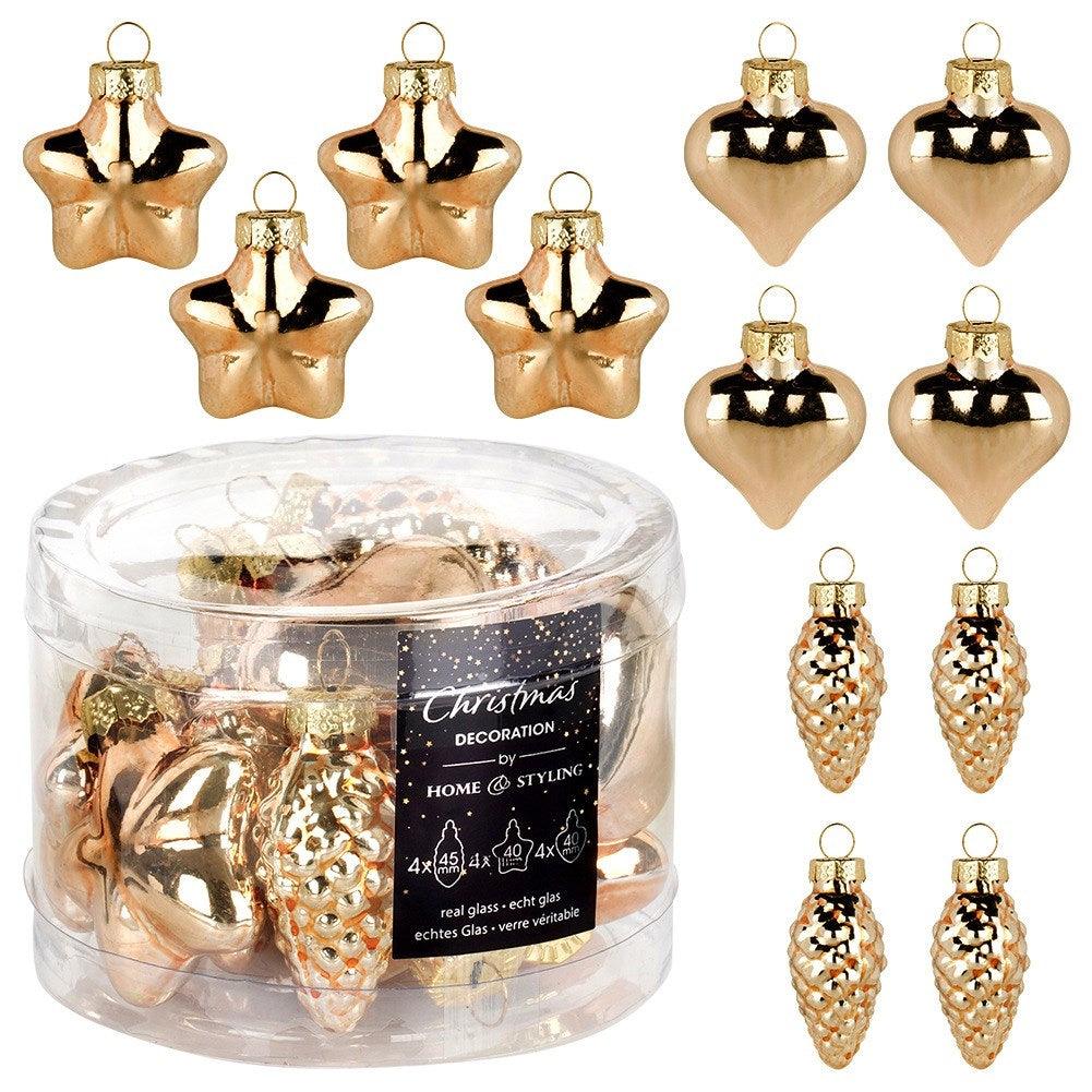 Glass Christmas tree baubles, gold, 4/4.5 cm, 12 pcs.