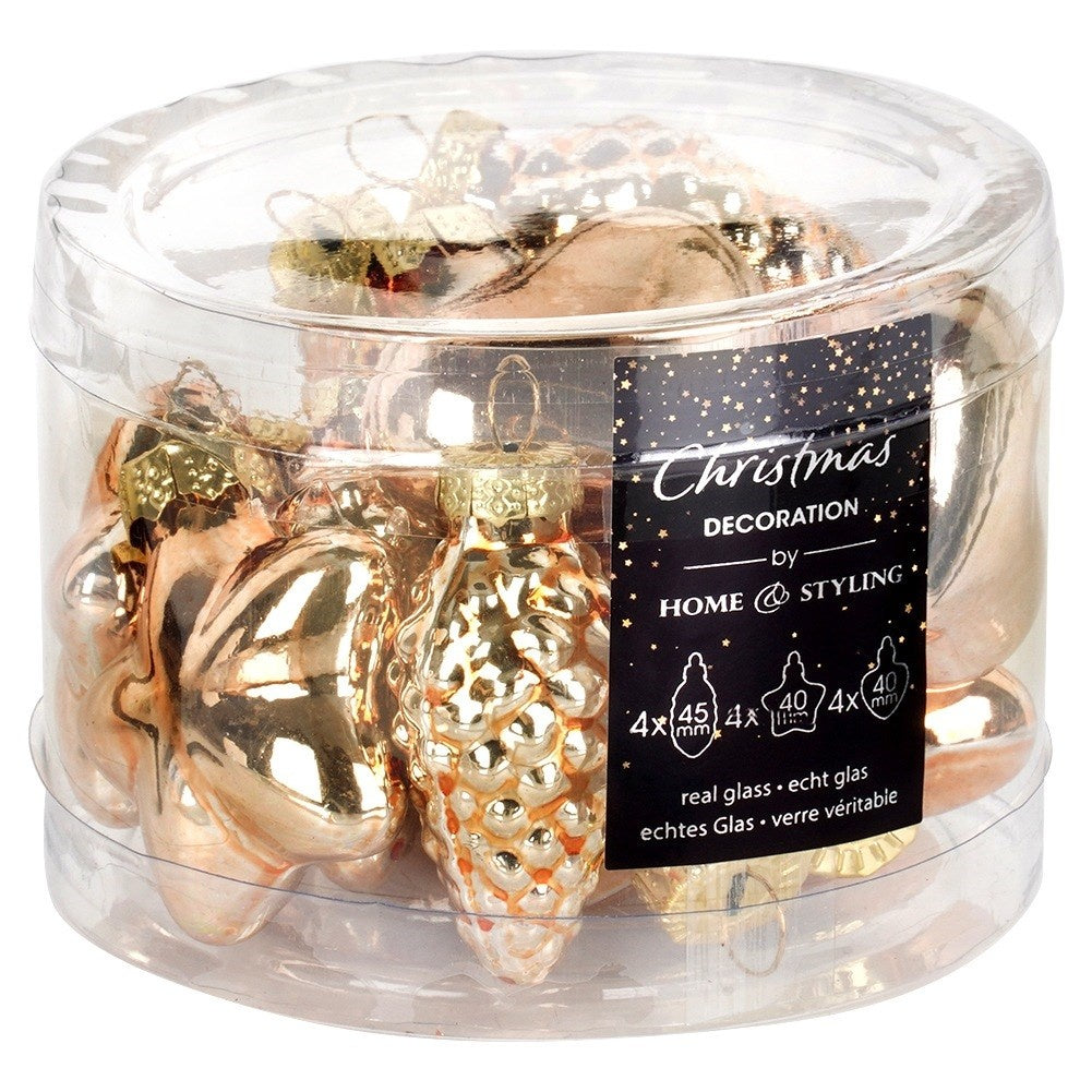 Glass Christmas tree baubles, gold, 4/4.5 cm, 12 pcs.