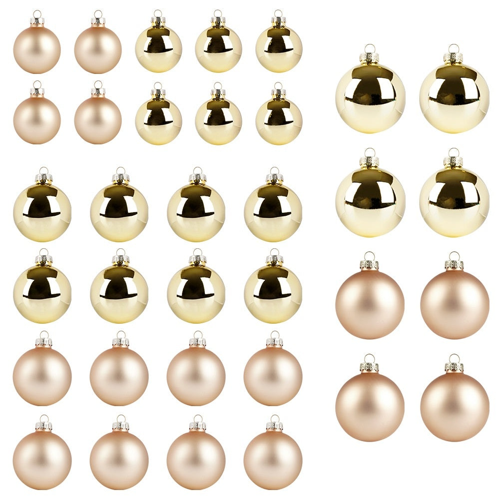 Glass Christmas tree baubles, gold, 4/5/6 cm, 34 pcs.